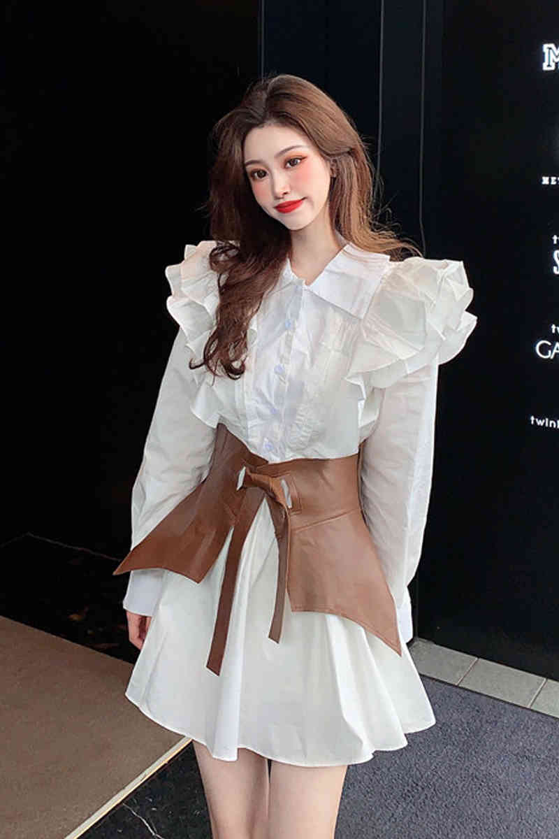Elagant Women Mini Shirt Dress Lantern Long Sleeve Lady Short Turndown Collar Party Female es Vestidos 210519