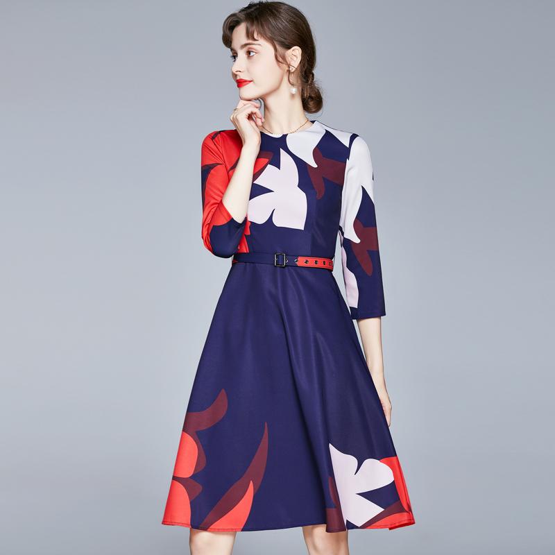 Vintage Ladies Flower Print Dress 2021 Spring Women O Neck Three Quarter Retro Floral Knee Dresses Vestidos With Belt Casual