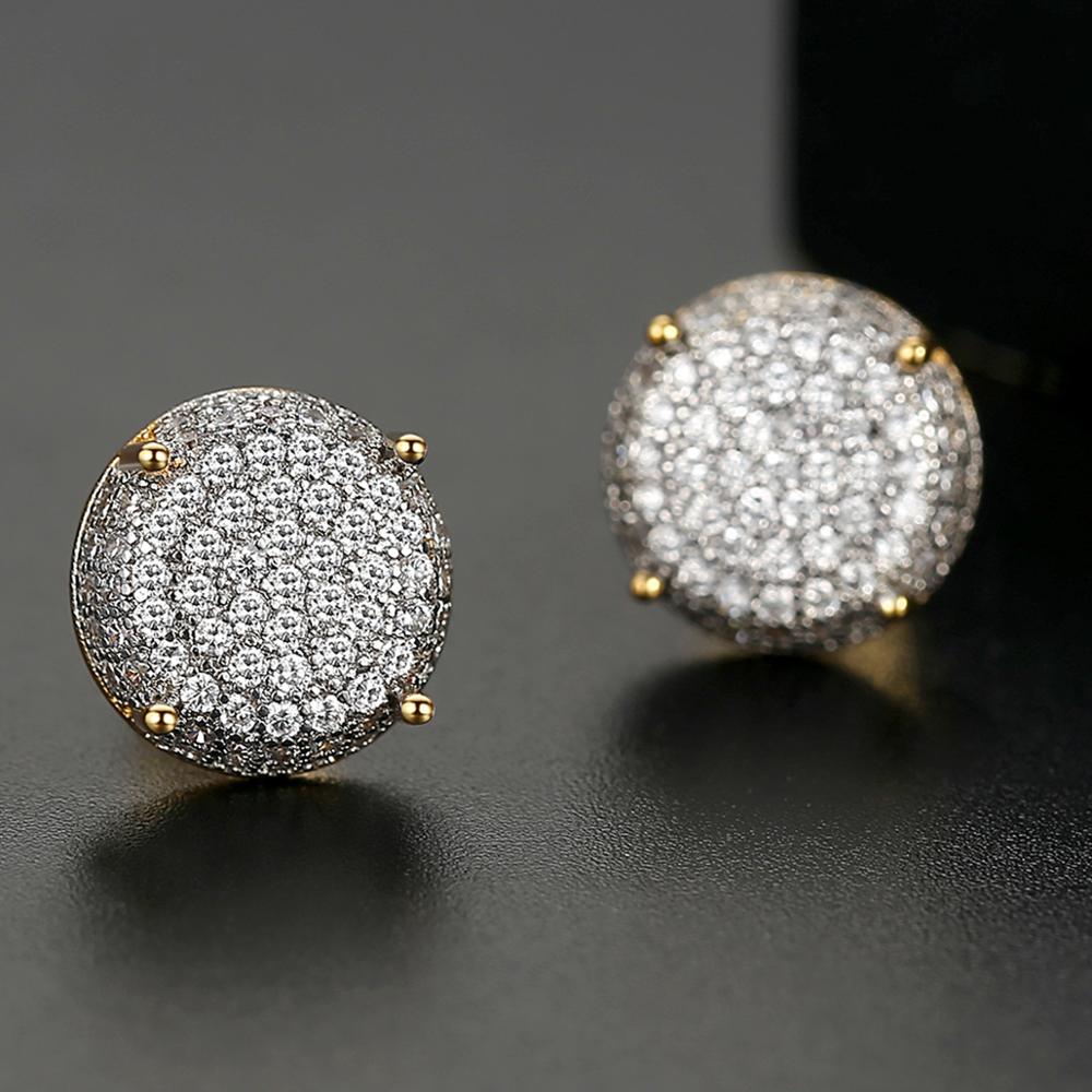 New fashion 10mm Round Cubic Zircon Stud Earring Hip Hop Jewelry Iced Bling AAA CZ Circl Black White Earring for Men Women Push-back Wholesale