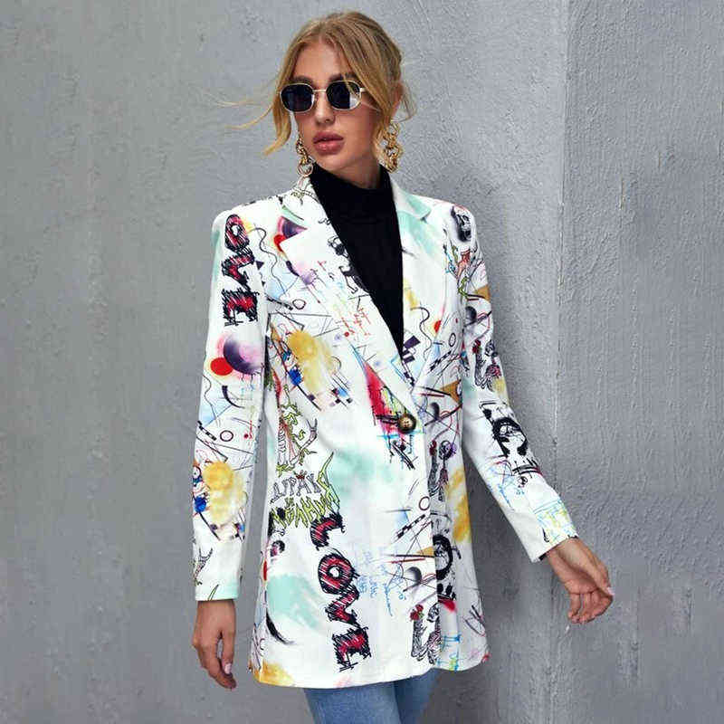 Vintage Letter Irregular Printing Blazer Women Jacket High Street Fashion Fall Plus Size Elegant Lady Coat American Stylish 211122