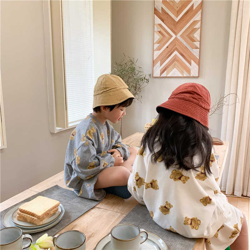 Korean style boys and girls cute cartoon clothes set fashion cotton long sleeve top pant unisex kids loose 2pcs suit 210615