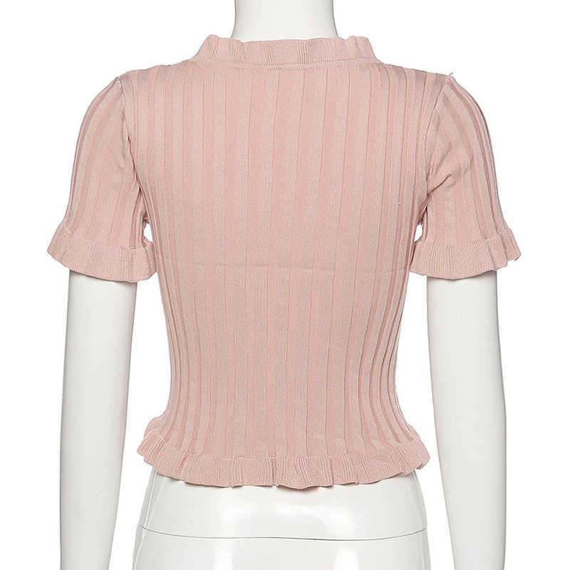 Plain pleated top, jacket with a row of buttons, K-pop, V-neck, short sleeve knitted T-shirt, fashion casual T-shirt 210602