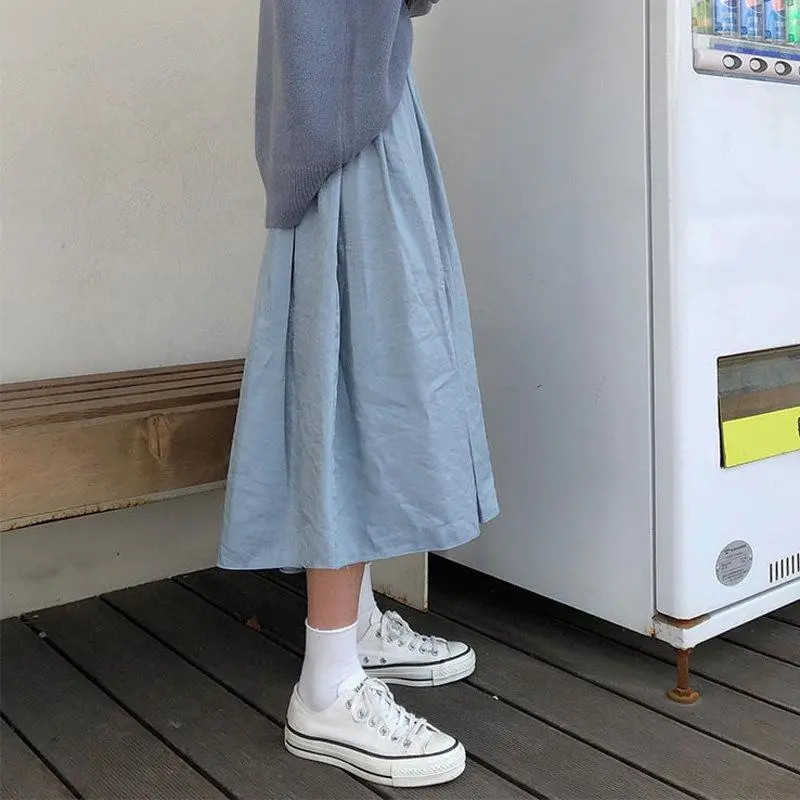 Spring And Summer Long Haze Blue Skirts Women High-Waisted Harajuku Elelgant Skits Japanese Style Campus Long Skirts 210619wtt