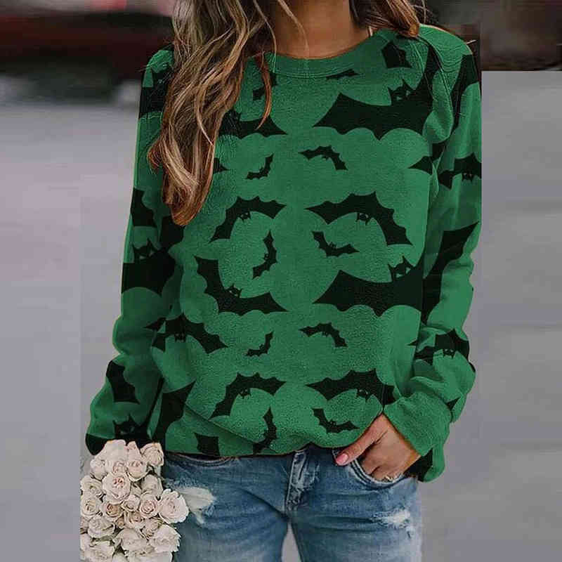 Bat Shirts Pattern Print Pullover Harajuku Shirt Women O Neck Long Sleeve Shirt Loose Tops Pullover Ladies Plus Size Graphic Tee 210515