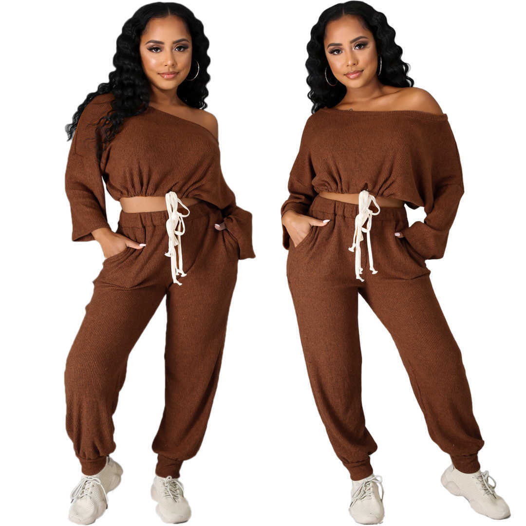 Designers Women Clothes 2023 solid rib off shoulder strap loose casual pants two piece set