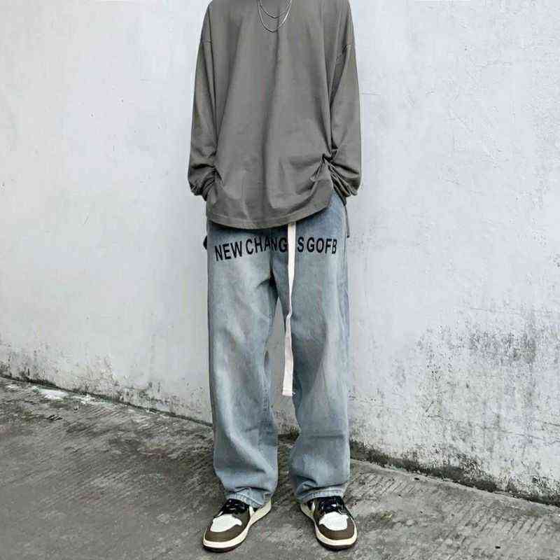 American Streetwear Jeans Hip-hop Letters Printed Loose Belt Trousers Men Retro Hong-kong Style Wide-leg Mopping Baggy Y2k Pants 211120