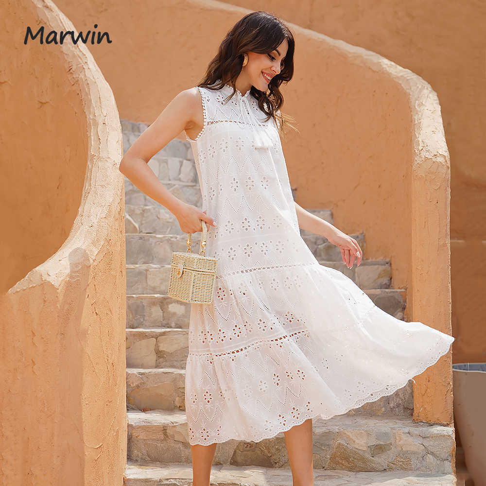 Marwin Long Simple Casual Solid Hollow Out Pure Cotton Holiday Style High Waist Fashion Mid-Calf Summer Dresses Vestidos 210623