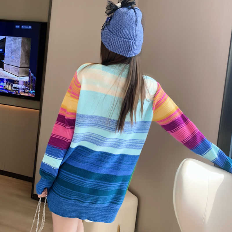 Oversized Sweater Women Fashion Rainbow Striped Embroidered Letters Knitted Pullovers Loose Casual Streetwear Tops C-237 211011Z