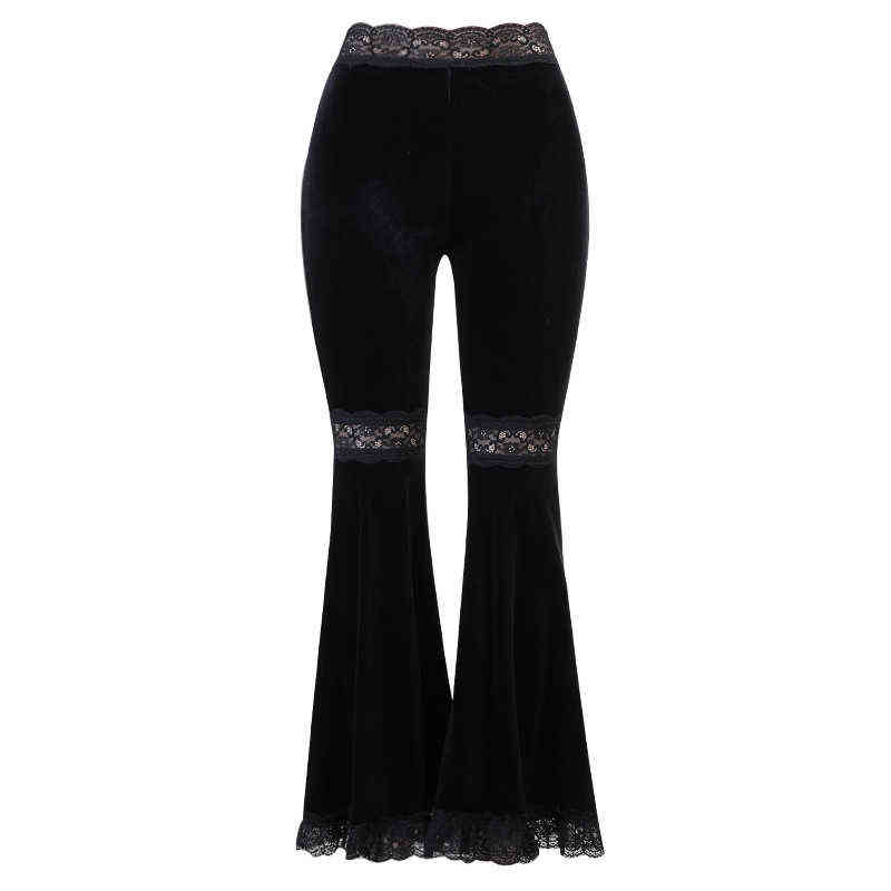 Sexy Fashion Patchwork Lace Solid Flare Pants Women Gothic Dark High Waist Loose Trousers Street Suede 211115