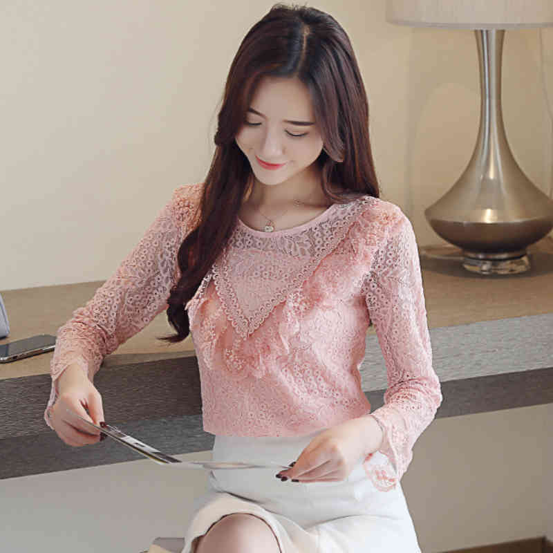 dames blouse zomer sexy hollow lace shirt flare long sleeve women shirts ruffles o-neck tops 2626 50 210427
