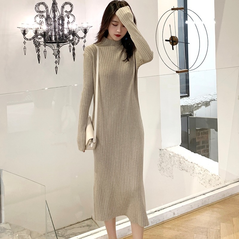 Autumn Elegant Mid-calf Dress Long Half Turtleneck Women Winter Knitted Jumper Solid Wool Korean Clothes Chic 11952 210510