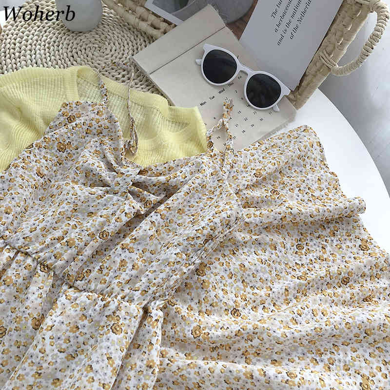 Floral V-neck Sling Dress Women Summer Slim Pleated Sleeveless Chiffon A-line Dresses Fashion Temperament Vestidos 210519
