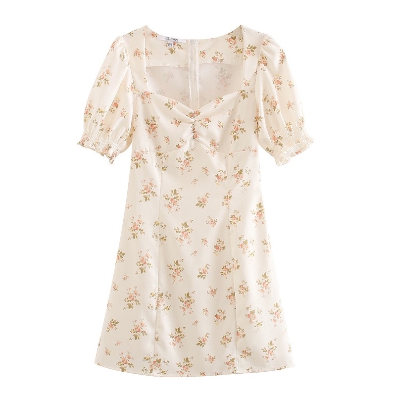 Retro French Small Floral Print Short Puff Sleeve Dress Summer Woman Center Ruched Mini Dresses Holiday 210429