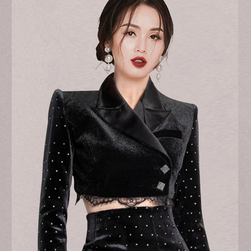 Autumn Celebrity Fashion Women Sets Cropped Short Tops & Mini Bodycon Skirts Polka Dot Velvet 2 Pcs Outfits Street 210506