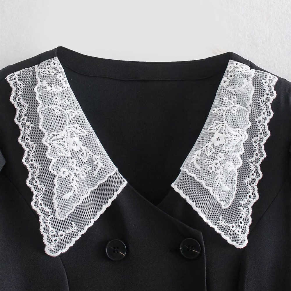 Women Dress Lace Collared Double breasted Short Sleeves Mini dress Chic Lady elegant Vintage Casual Woman Dresses 210709