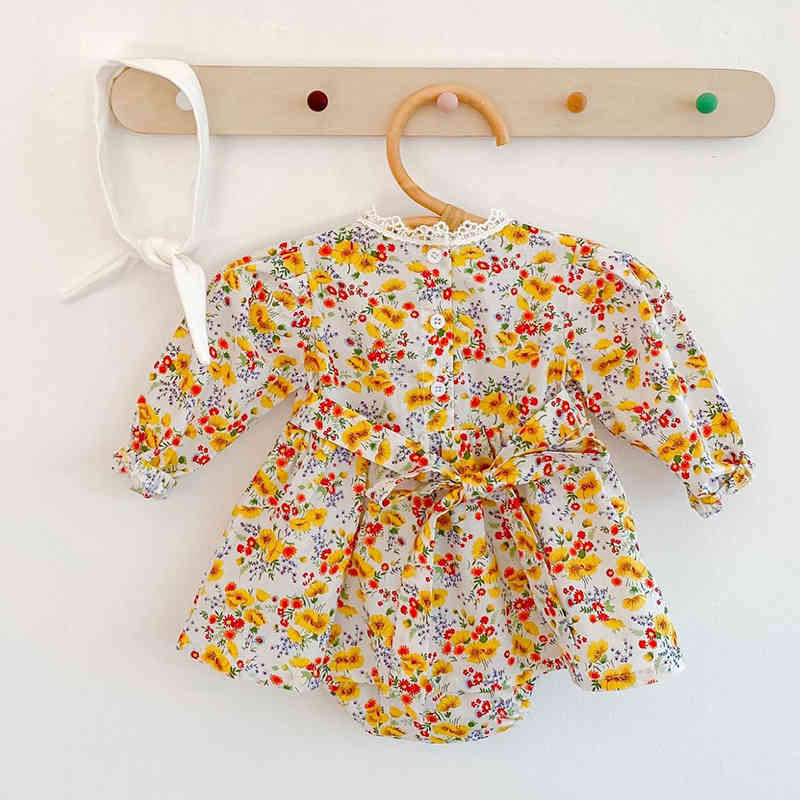 Baby Girls Yellow Flower Rompers Kids Clothing Spring Autumn Toddler Girl Long Sleeve Printing 210429