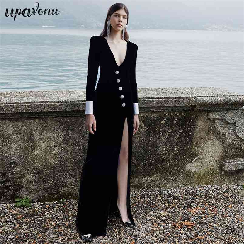 Free Women's Runway Long Dress Black Velvet V-neck Sleeve Bodycon Split Club Evening Party es 210524