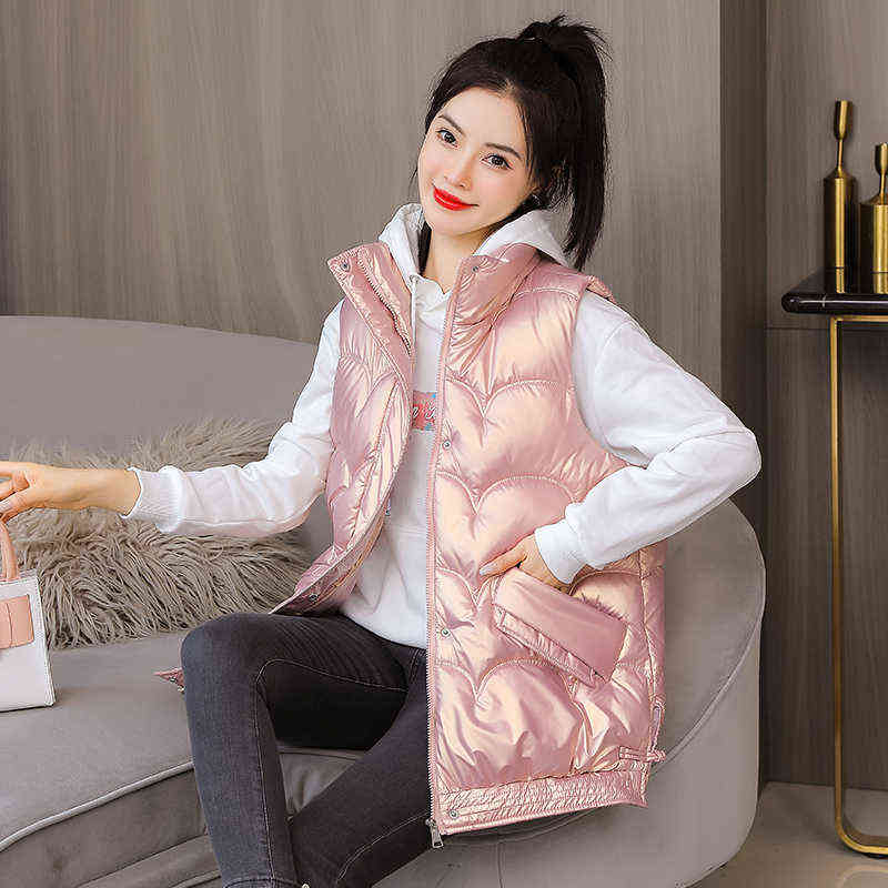 Shiny Winter Vest Loose Women Zipper Stand Collar Pockets Ladies Causal Sleeveless Jacket Waistcoat for Female 211105