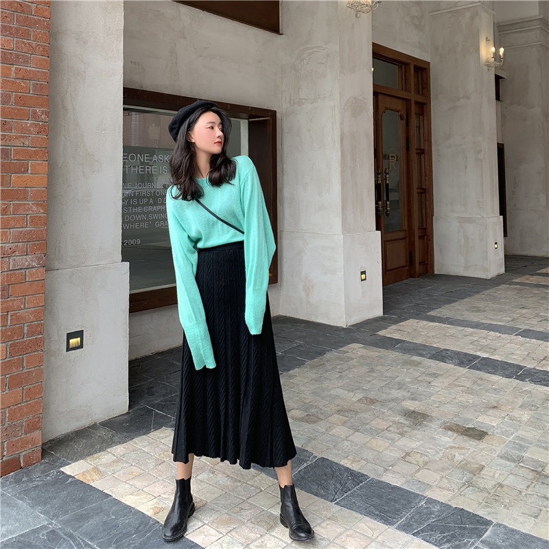 Nomikuma Knitted Women Skirt Korean Solid High Waisted A-line Midi Sweater Skirt Autumn New Causal Faldas Mujer Moda 6C058 210427