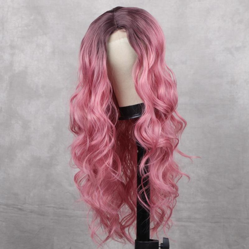 Synthetic Wigs Long Wavy For Black Women Natural Part Division Pink/Red Glueless Cosplay Heat Resistant Daily Wig