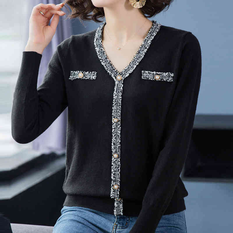 Beading Patchwork V-Neck Button Knitwear Tops For Women Slim Spring knitted Sweaters Base Shirt Elegant Long Sleeve Pullover 210522