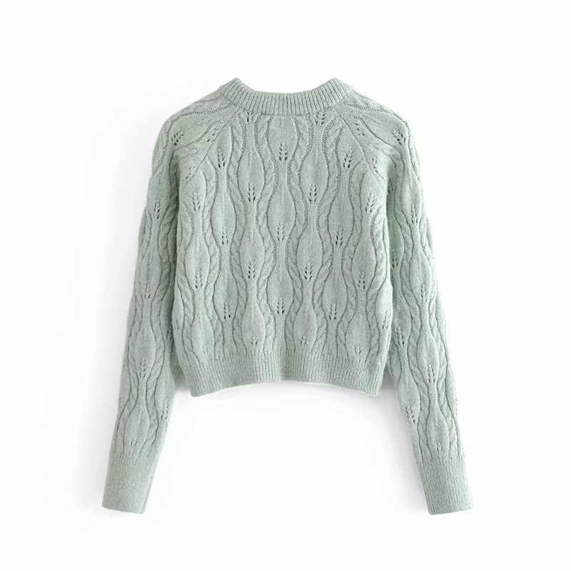 ZA Cable Knit Green Cardigan Women O Neck Long Sleeve Vintage Slim Knitted Tops Woman Fashion Streetwear Fitted Sweaters 210602