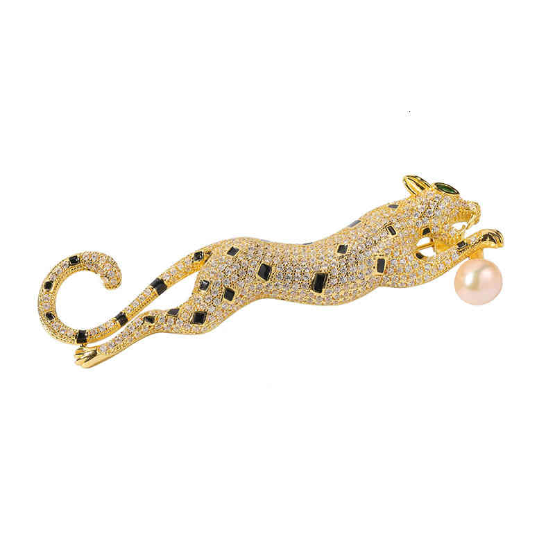 Exaggerated Copper Inlaid Zircon Leopard Brooch Men's Suit Coat Pin Pearl Diy