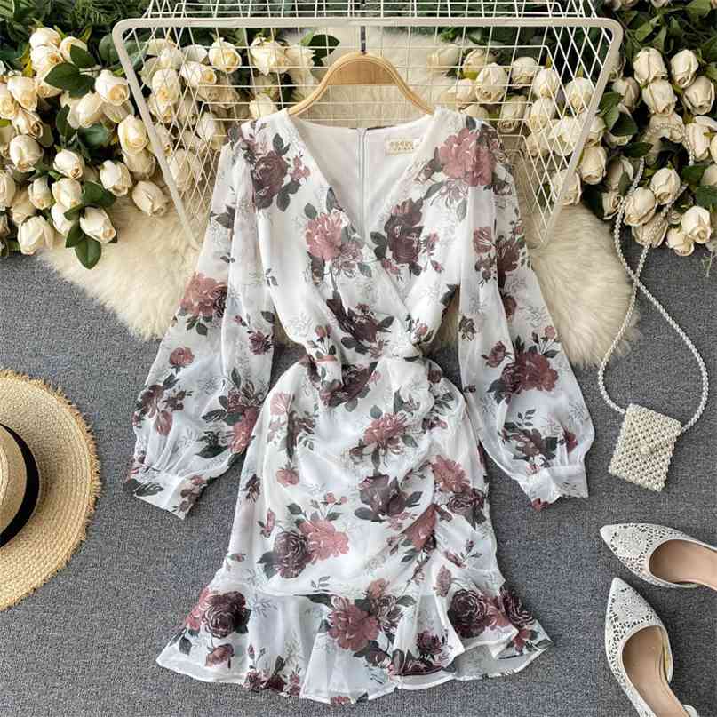 Spring Summer Fashion Women V-neck Pleated Slim Chiffon Floral Print Package Hip Dress Elegant Vestidos De Mujer R061 210527