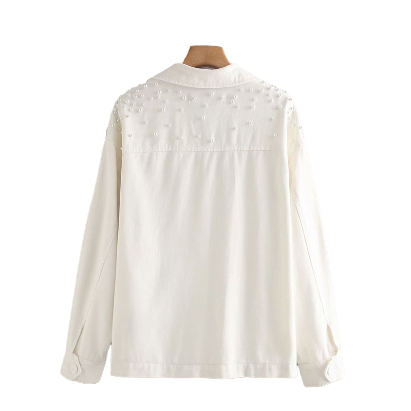 Pearl-embellished Single-breasted Double-pocket Long-sleeved Cotton Chic Women's Jacket Lapel Tooling Beaded Female Coat Tops 210507