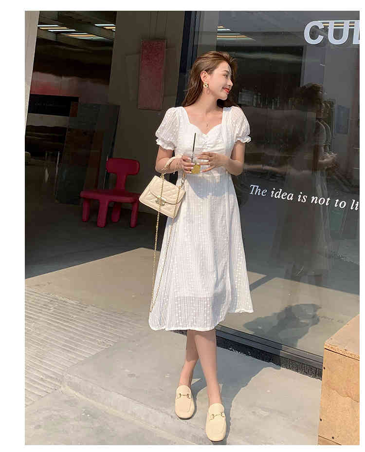 Sweet Embroidery Cotton Elegant White Dresses Summer Puff Short Sleeve Square Collar Split Sexy Party Dress 210519