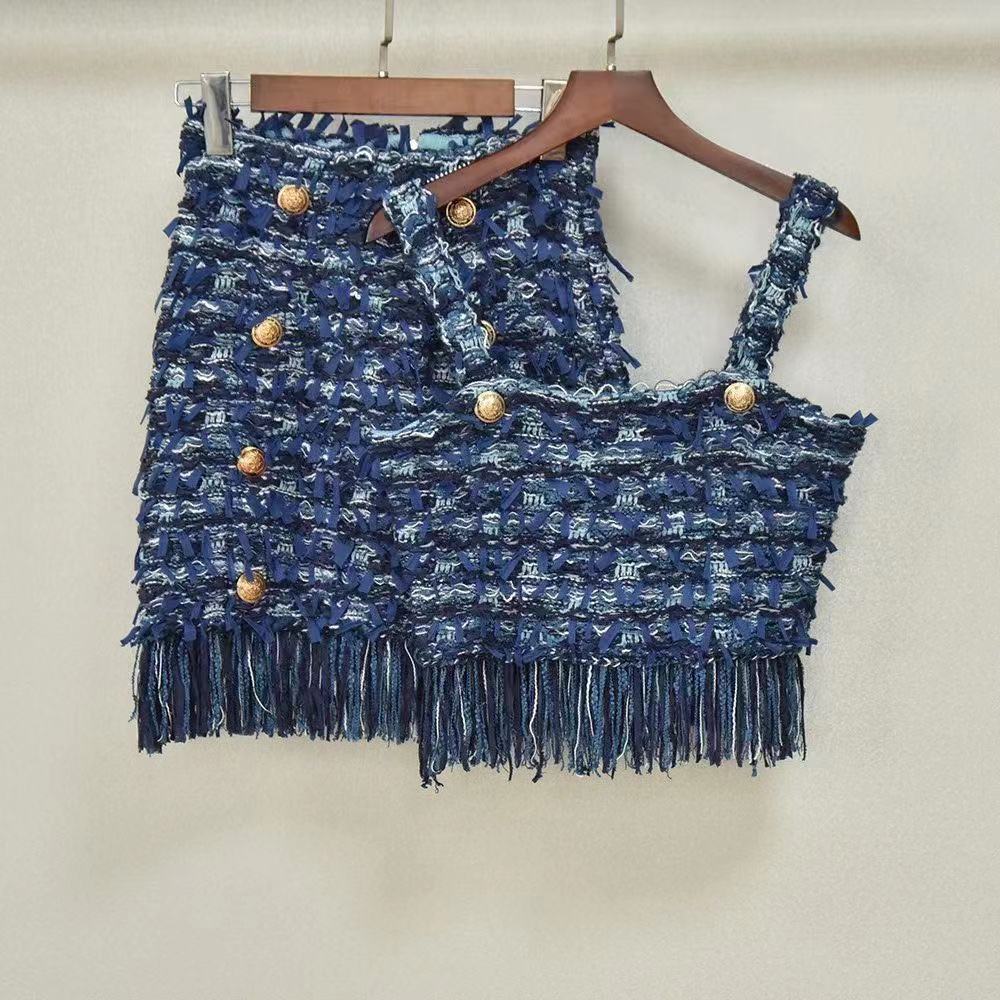 2021 FW Royal Blue/White Women's Two Pieces Dress Designer Metal Buttons Tassels Top And Skirts High End Holiday Party Straps Skirt set 81619, Royal blue top
2021 FW Royal Blue/White Women's Two Pieces Dress Designer Metal Buttons Tassels Top And Skirts High End Holiday Party Straps Skirt set 81619, Royal blue top