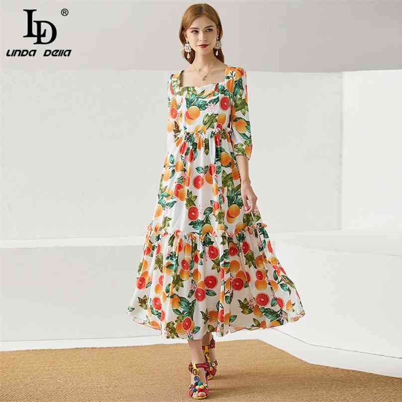 Bohemia Vacation Midi Dress Women Fashion Runway Summer Square collar Red pomelo Print Vintage cotton 210522