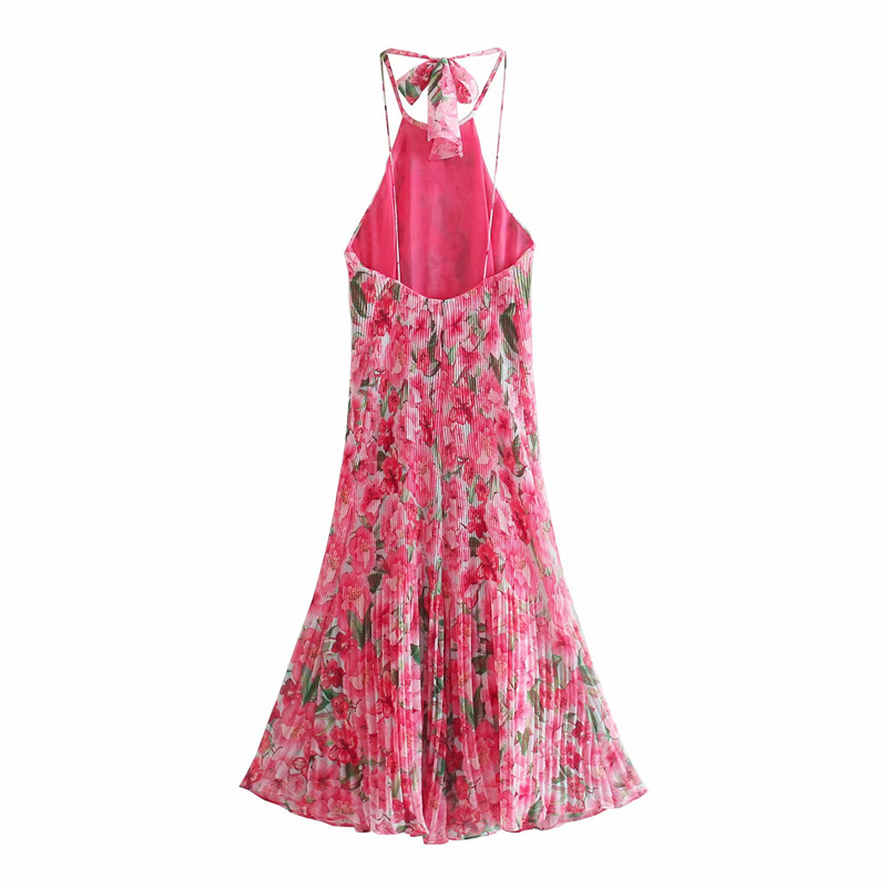 Sweet Woman Pink Flower Halter Long Dress Summer Casual Ladies Backless Beach Dresses Female Chic Print Tank 210515