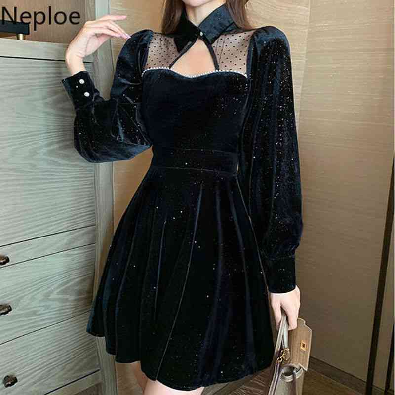 Neploe Women Elegant Dress Korean Hollow Out Patchwork Gauze Sexy Vestidos Sequined Robe Vintage Fashion Black Party Dresses 210422