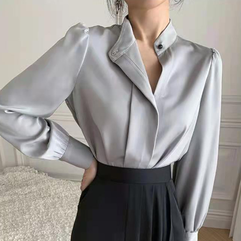 Silk Satin Women Blouse and Tops Office Lady Solid Stand Collar Shirts Plus Size Loose Puff Sleeve Clothing 13221 210508