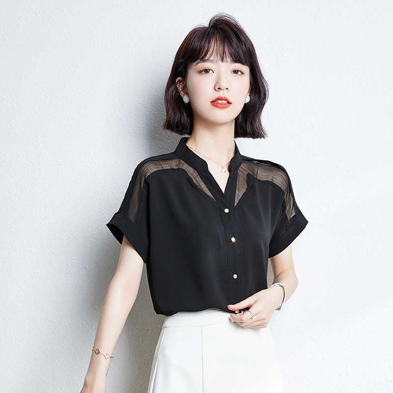 Korean Fashion Womens Tops and Blouses Chiffon Women Short Sleeve Office Lady White Shirts Plus Size XXL Ladies 210531