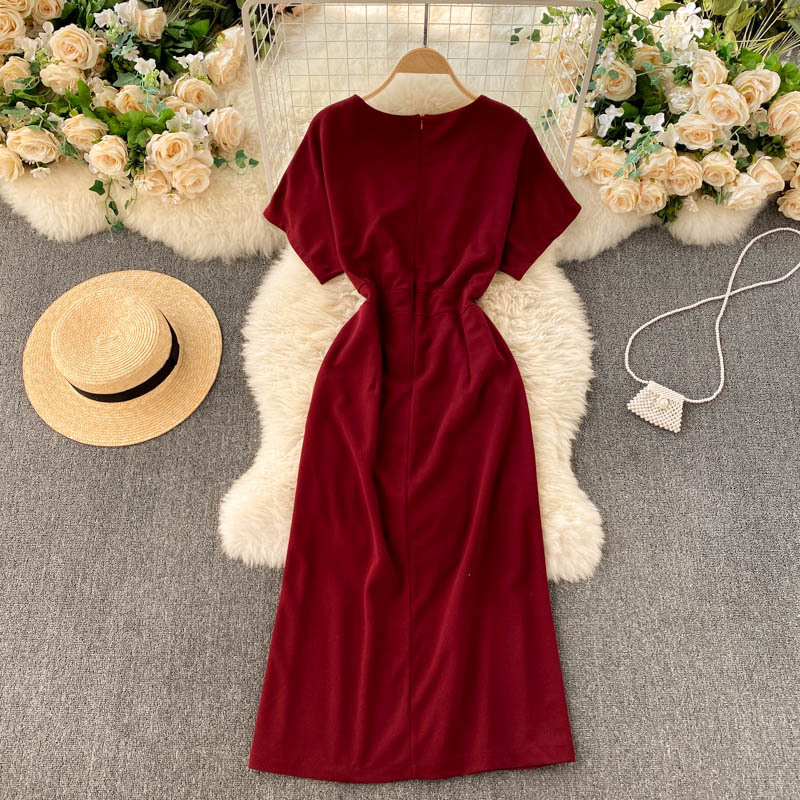 LoveFlowerLife Spring Summer Solid V Neck Button Dress High Waist Sexy Fashion Mid-Calf Women Party Dresses 210521