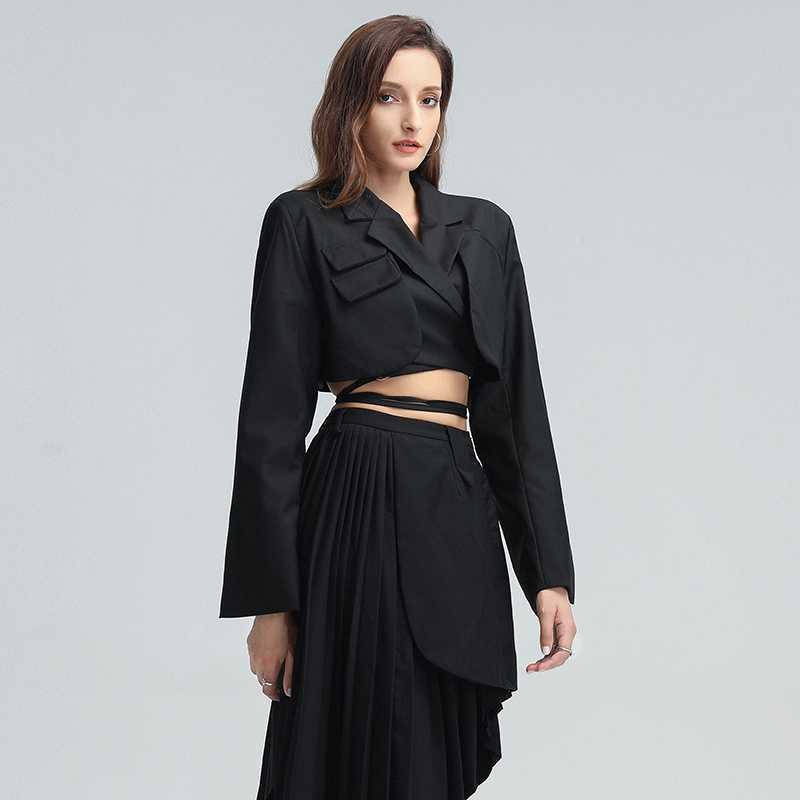TWOTYLE Patchwork Bandage Blazer For Women Notched Collar Long Sleeve Hollow Out Plus Size Coat Female Korean Clothing 210930