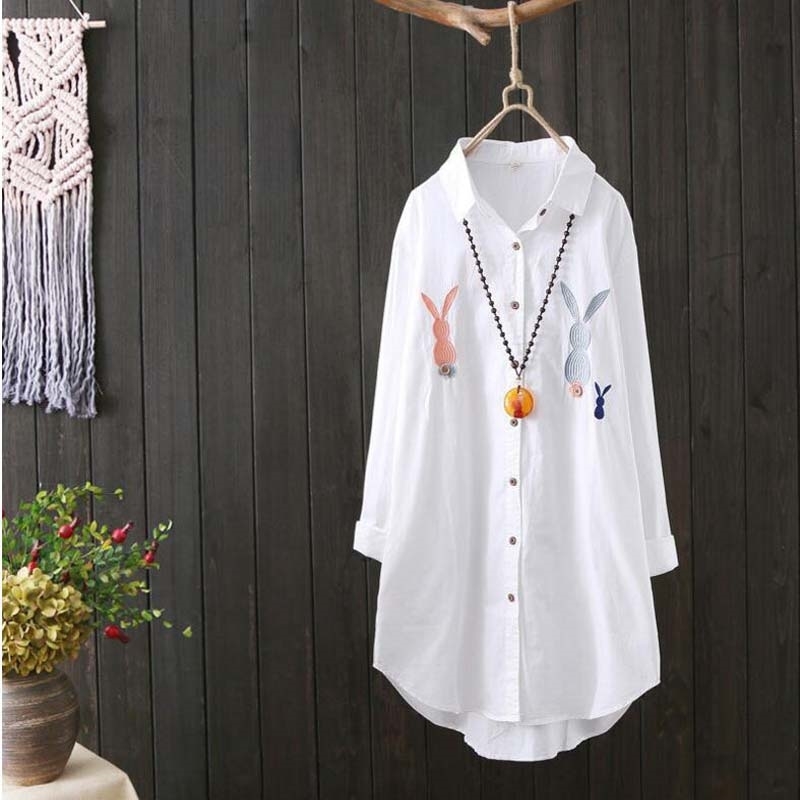 New Women White Shirt 100% cotton Casual Wear Button Up Turn Down Collar Long Sleeve Blouse Embroidery Feminina F106 210317