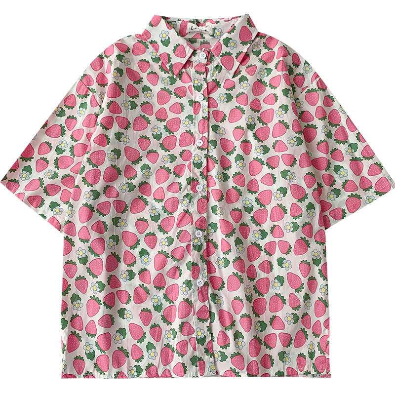 Kimutomo Sweet Cute Print Blouse Korean Fashion Clothing Female Short Sleeve Single Breasted Loose Chic Shirt Summer 210521