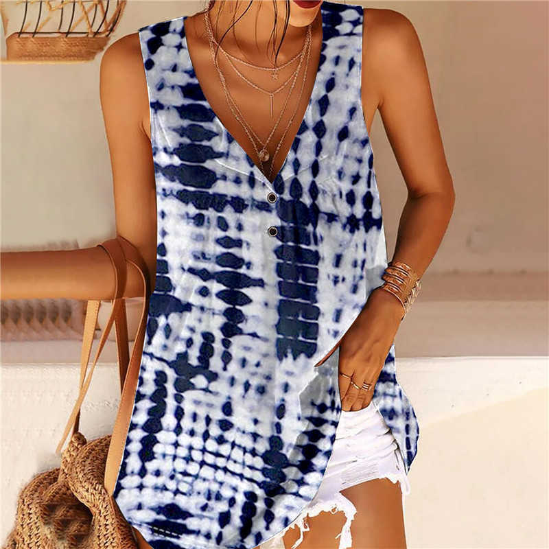 Sexy V-neck Button Sleevless Top for Women Bohemian Printed Summer 90s Tank Casual Loose Flower Cotton Camisole Oversize 5XL 210604