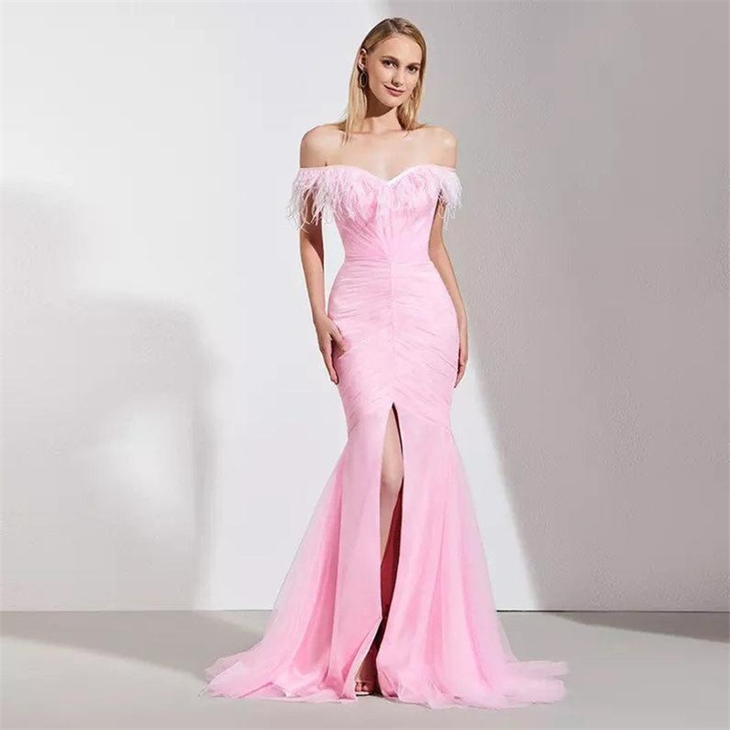 Elegant Feather Prom Dresses Ruffles Mermaid Evening Dress Off Shoulder Sexy Side Split Formal Party Wear Custom Made Robe de mariée