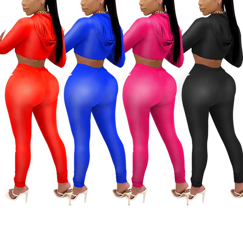 Women's Two Pieces Sports Suit Long Sleeve Hooded Zipper Crop Top Tight Pants For Daily And Exercise Tracksuit Outfits Sets Tracksuits
