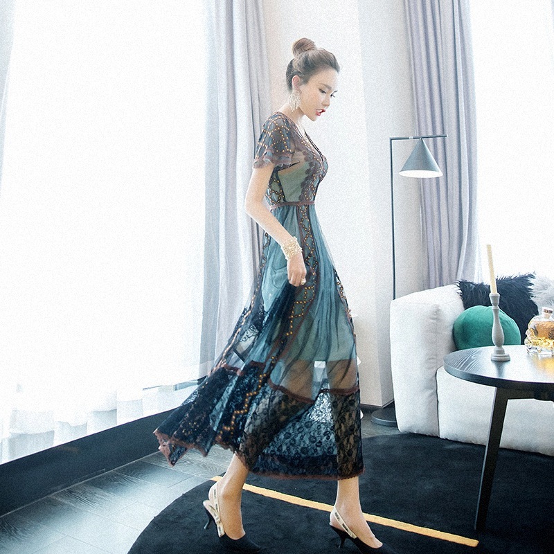 elegant long dress women femme blue embroidery short sleeve summer holiday robe dresses vestidos vintage fashion chic 210421