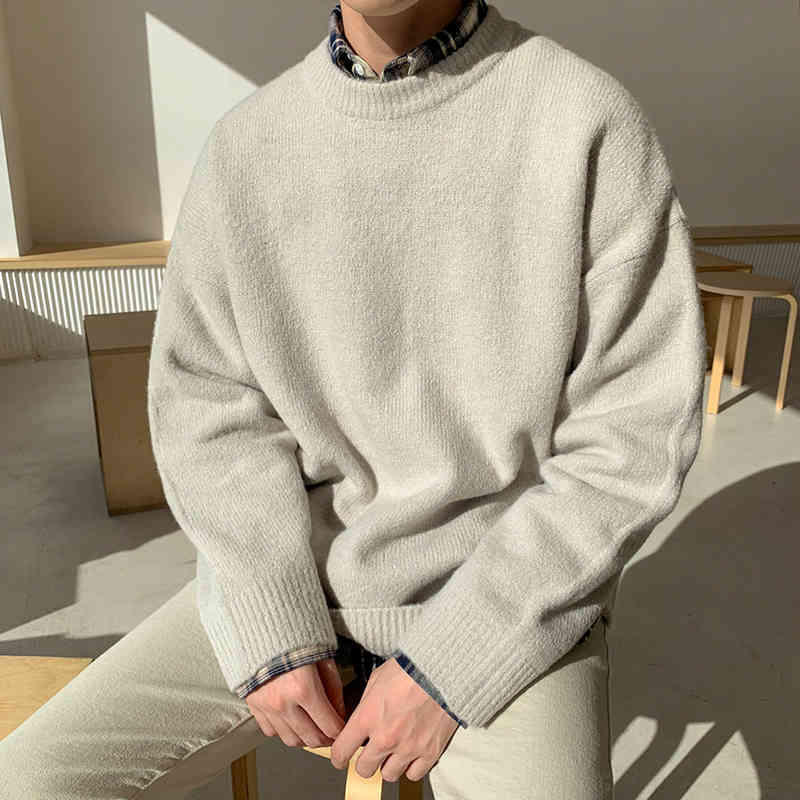 IEFB /men's wear thickened warm sweater autumn winter Korean loose fashion round collar all-match vintage kintted tops male 3245 210524
