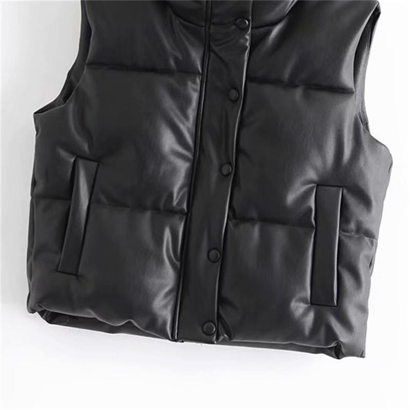 TRAF Women Fashion Leather Cotton Pocket Padded Waistcoat Vintage Sleeveless Female Outerwear Streetwear 211105