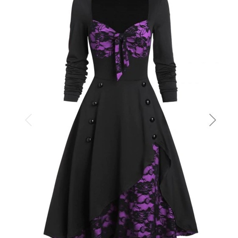 Women Christmas Dress Autumn Plus Size Party Flower Lace Insert Mock Button Bowknot Retro Vintage Fashion Chic Female Dress 210422