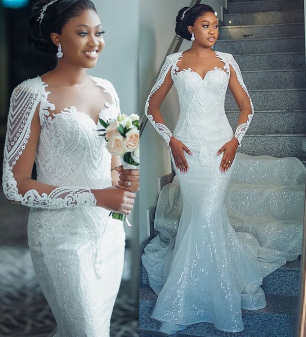 plus size arabic aso ebi mermaid luxurious lace wedding dress sheer neck long sleeves bridal gowns dresses zj511