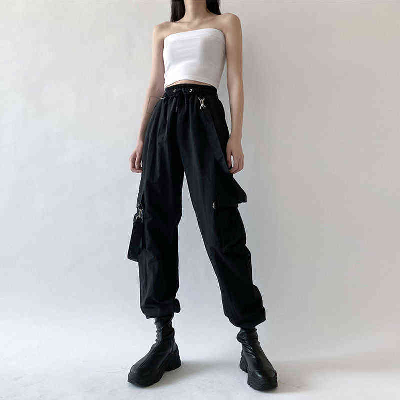 QWEEK Goth Cargo Pants Women Punk s Harajuku High Waist Oversize Detachable Strap Casual Trousers Emo Techwear 211115