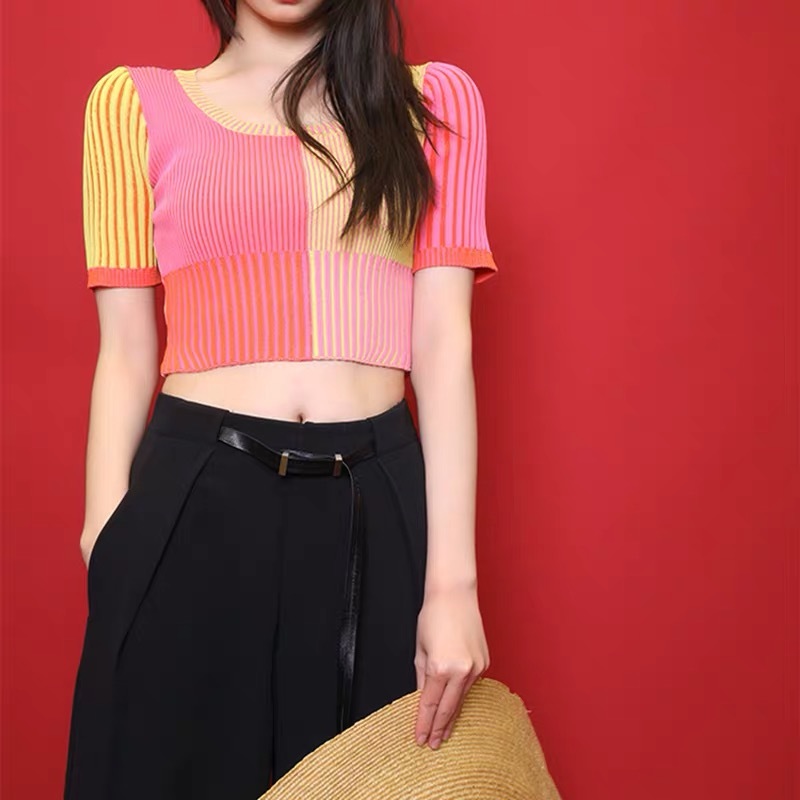 Short Tops Patchwork T Shirt women Sexy Slim T-shirt Vintage Knitted shirt harajukuTee Summer 210421